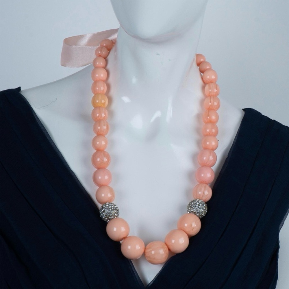 Peach Color & Rhinestone Beaded Necklace with Ribbon Tie Closure 24”